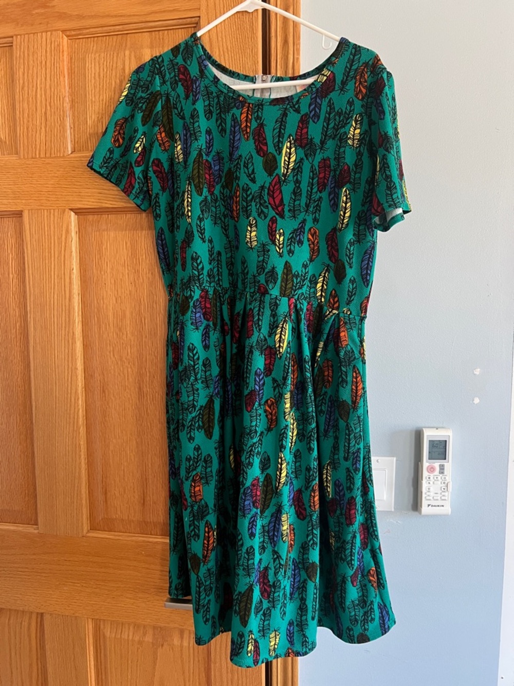 LuLaRoe Amelia Green Dress with Multicolor Feather Print